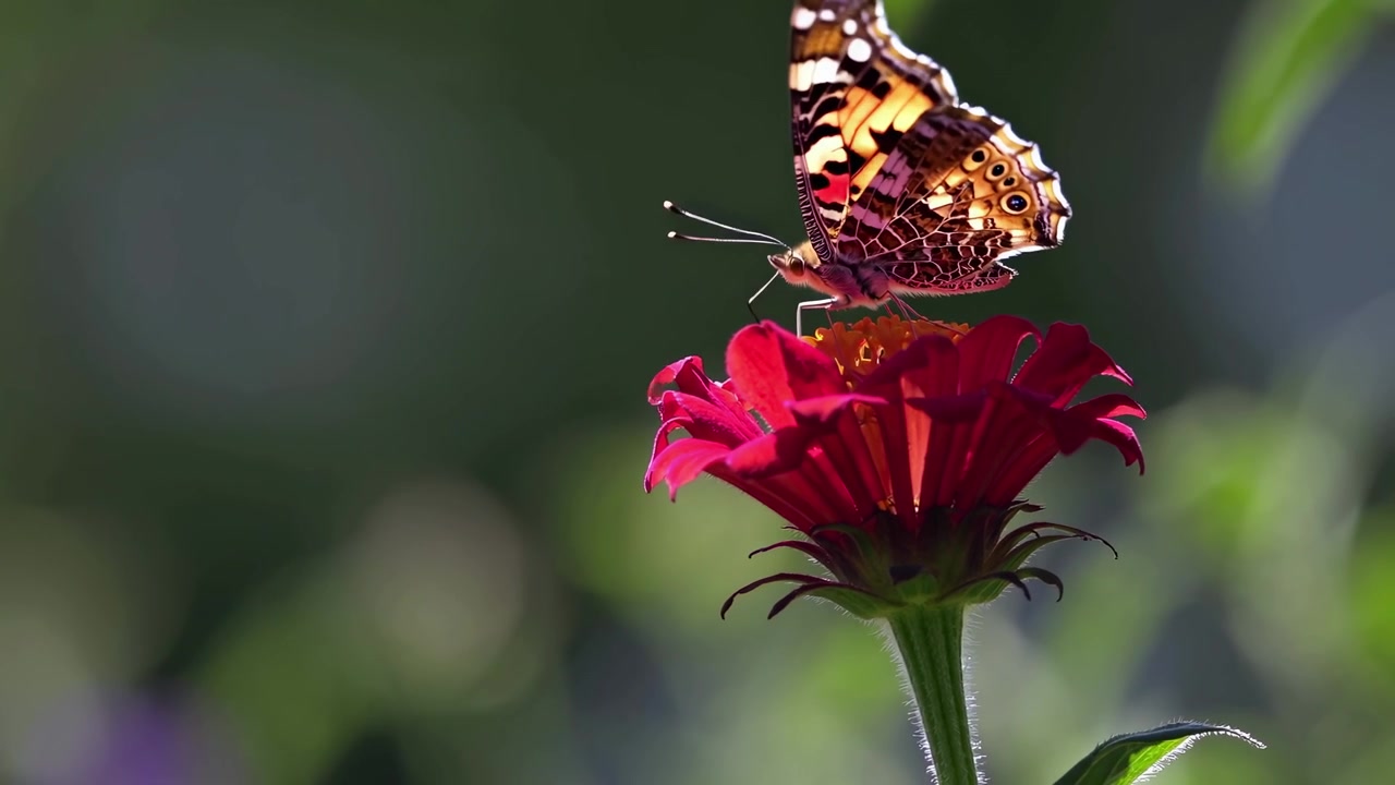 Farfalla Vanessa del Cardo che si nutre su un fiore di zinnia rosso vivace