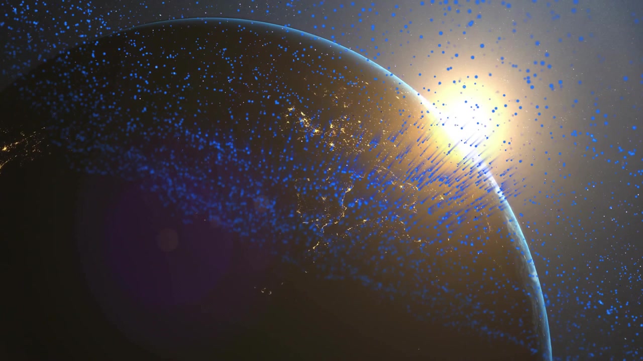 Particelle blu elettrico che emergono vicino al sole formando un nastro mentre il pianeta ruota rivelando le luci della città