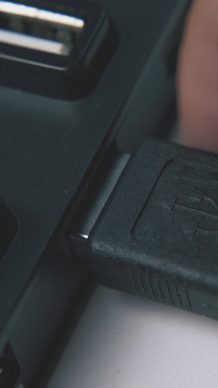 man takes off usb cable from black connecting hub by hand on white background extreme close view