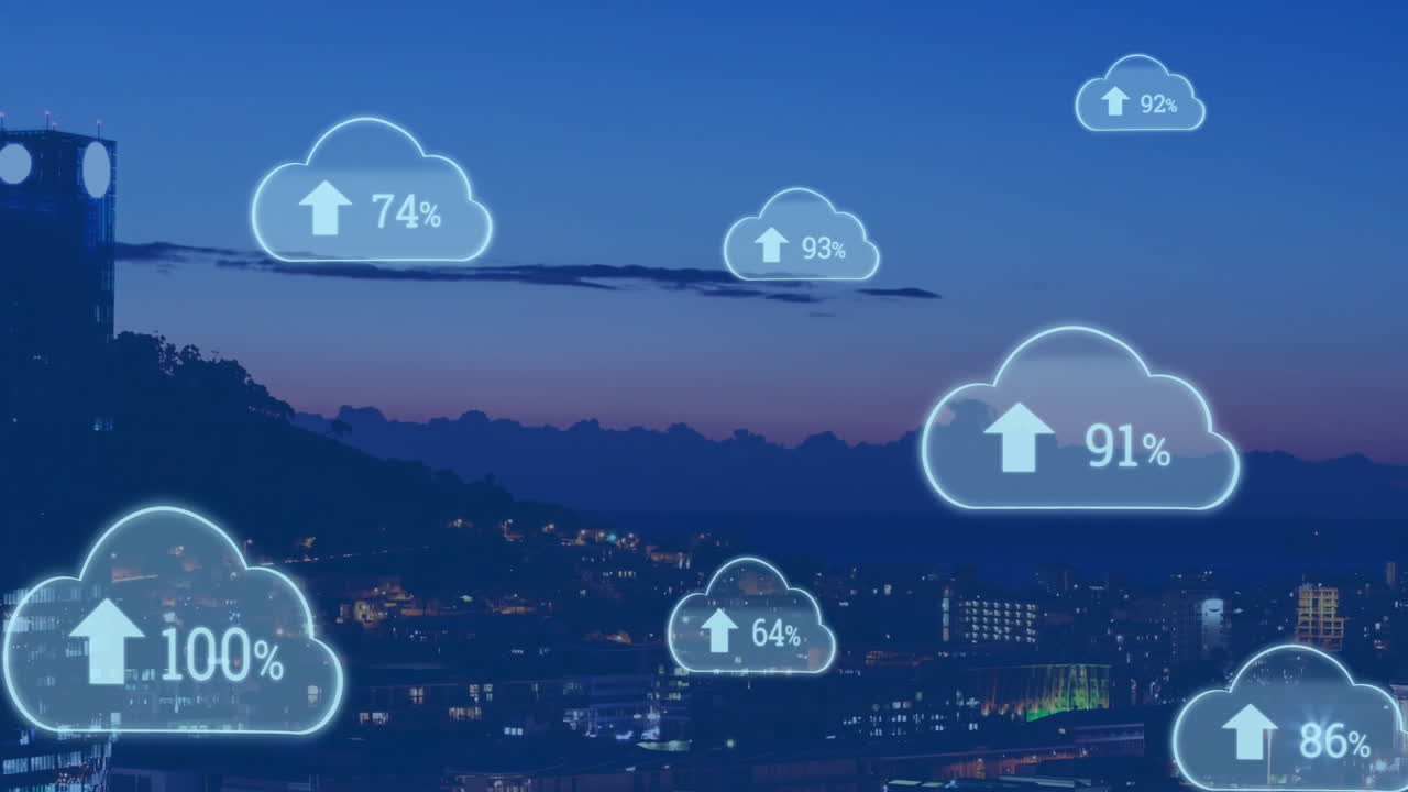 Cityscape at dusk with cloud icons and percentage data in animation overlaying sky