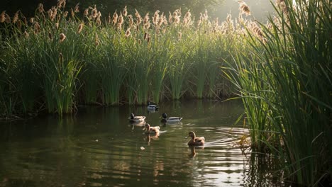 a serene morning scene with ducks swimming among lush reeds and glowing sunlight, capturing nature's tranquility in a peaceful waterway