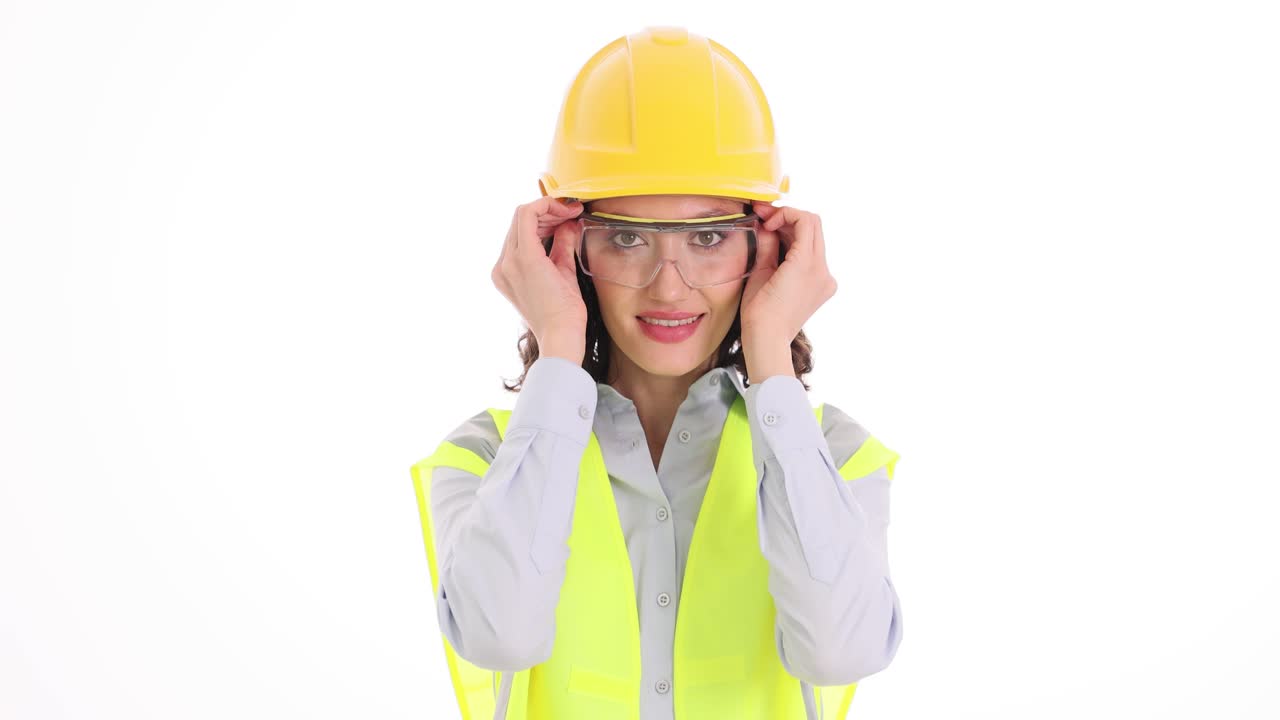 Woman Construction Worker Putting On Safety Glasses