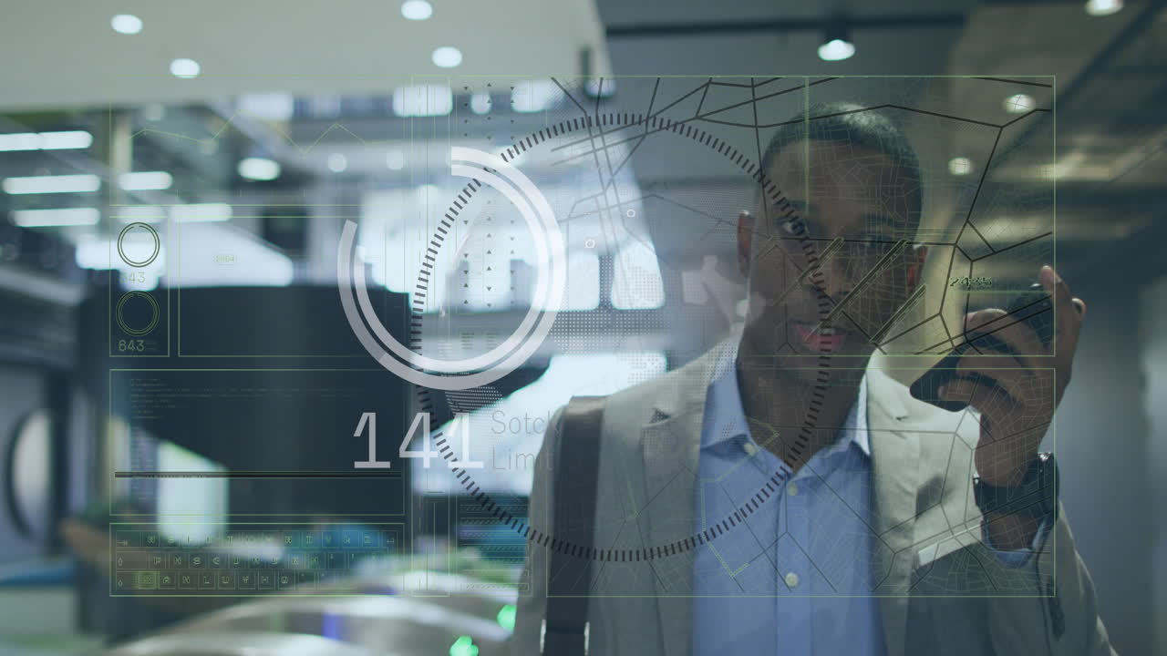Animation of data processing with scope scanning over african american businessman