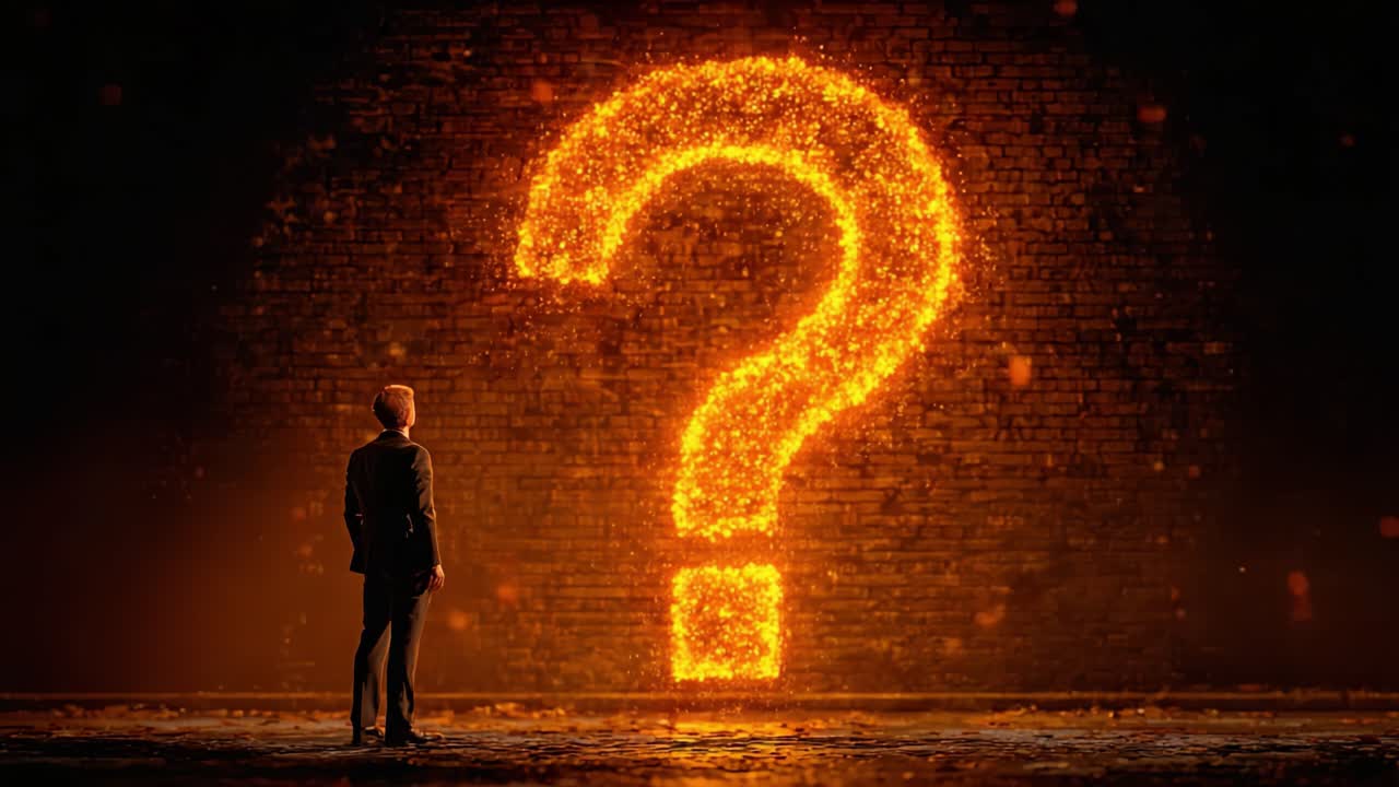 Una persona se encuentra en contemplación ante un signo de interrogación brillante hecho de chispas ardientes en una pared de ladrillo oscura, simbolizando la indagación, la curiosidad y la búsqueda del conocimiento en un mundo enigmático.