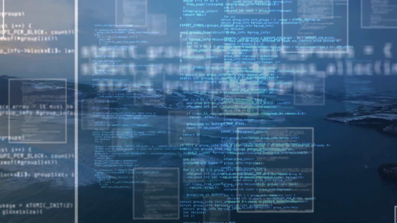 Translucent code windows floating over rocky shoreline and calm water under cloudy sky, flat design