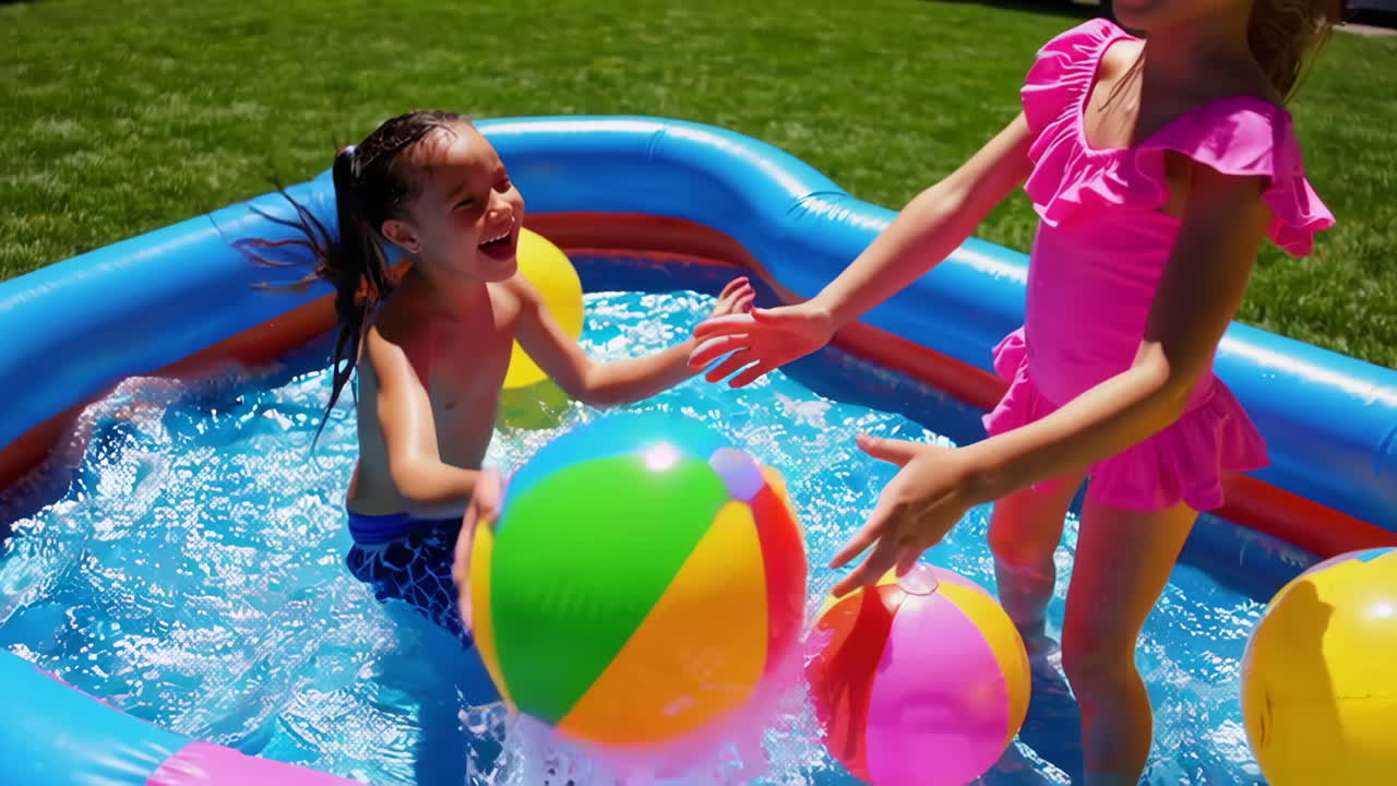 Children happily playing in an inflatable pool with beach balls
