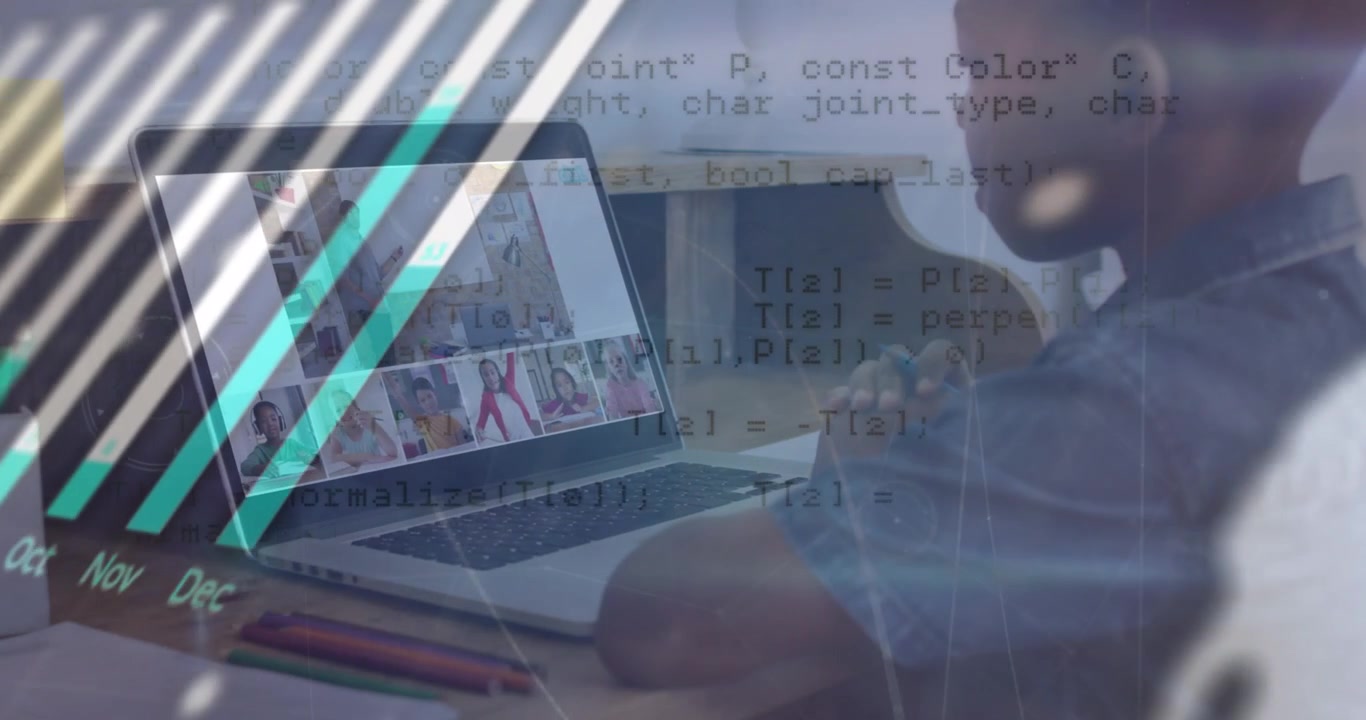 Animación de gráficos, globo terráqueo y datos sobre un niño afroamericano tomando lecciones en línea en una laptop