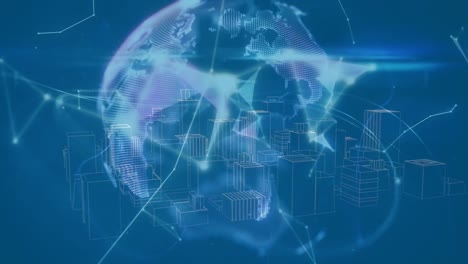 animation of globe over 3d city drawing and network of connections