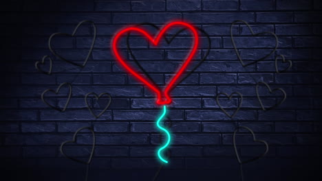 corazones de luz led en un fondo de pared de ladrillo