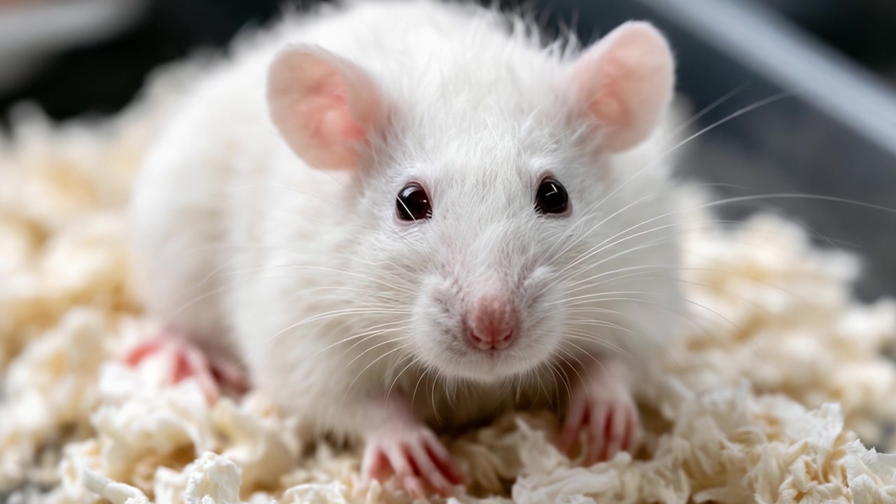 Adorable White Mouse in a Soft Bedding Environment: A Close-Up of a Curious Rodent with Bright Eyes and Fluffy Fur, Captured in Two Different Frames