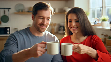 happy couple sharing coffee in a bright kitchen