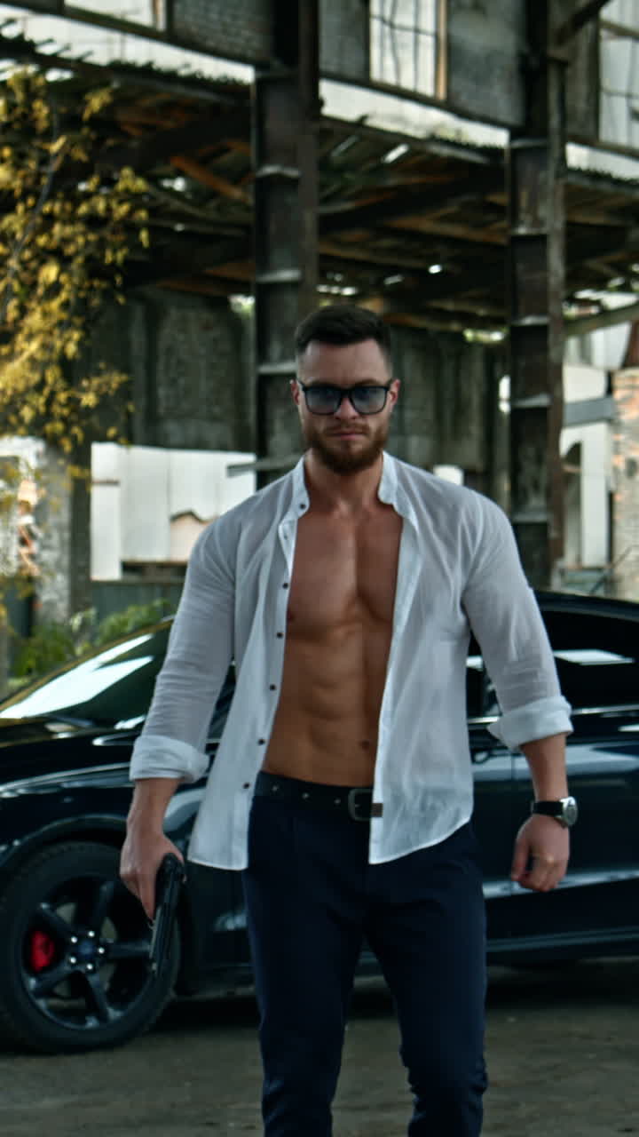 Handsome man with a weapon in abandoned place. Sporty guy in stylish glasses and white unbuttoned shirt with a pistol in his hand on black car background. Vertical video