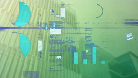 Animación-De-La-Interfaz-Infográfica-Sobre-Una-Vista-De-ángulo-Bajo-De-Los-Edificios-Contra-El-Cielo-Despejado