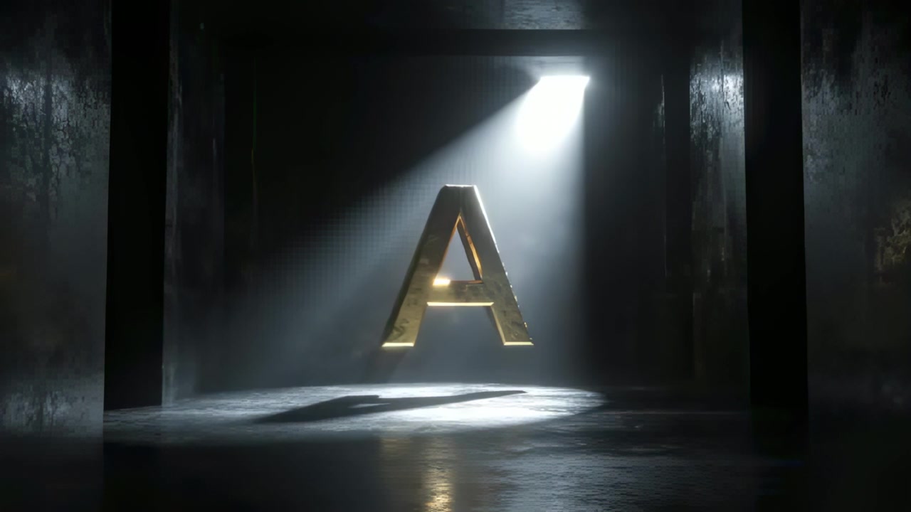 Hovering gold letter A catching shifting skylight beam in concrete chamber, wet floor reflecting