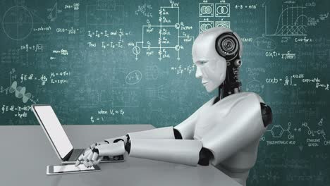 robot hominoide usar computadora portátil y sentarse a la mesa para el estudio de la ciencia de ingeniería