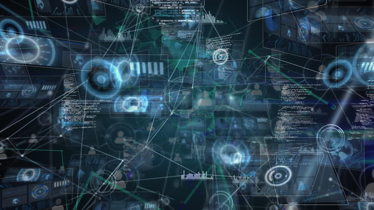 Animation of screens with data and network of connections over black background