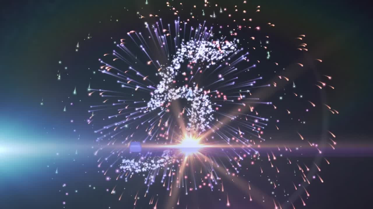 Animation of new year's greetings and countdown and fireworks