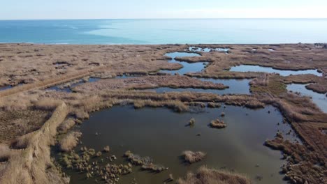 Lagoon-from-Mediterranean-sea,-aerial-Albufera-Natural-Park,-Valencia-Spain