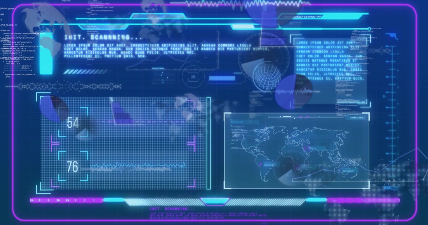 Animation of digital interface and data processing over blue background