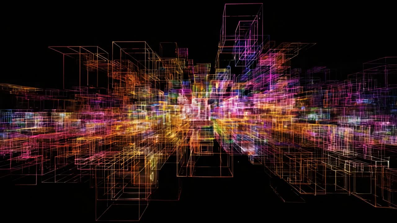 A Stunning Visualization of Vibrant Neon Light Patterns with Abstract 3D Geometric Shapes Creating a Lively Digital Landscape in a Complex Multi-Dimensional Space