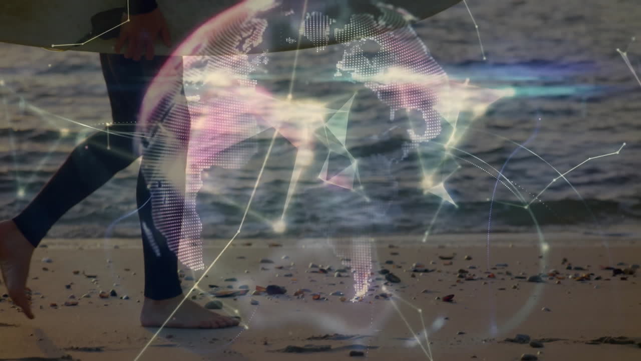 Man standing holding surfboard at shore, projecting glowing digital globe over waves for technology