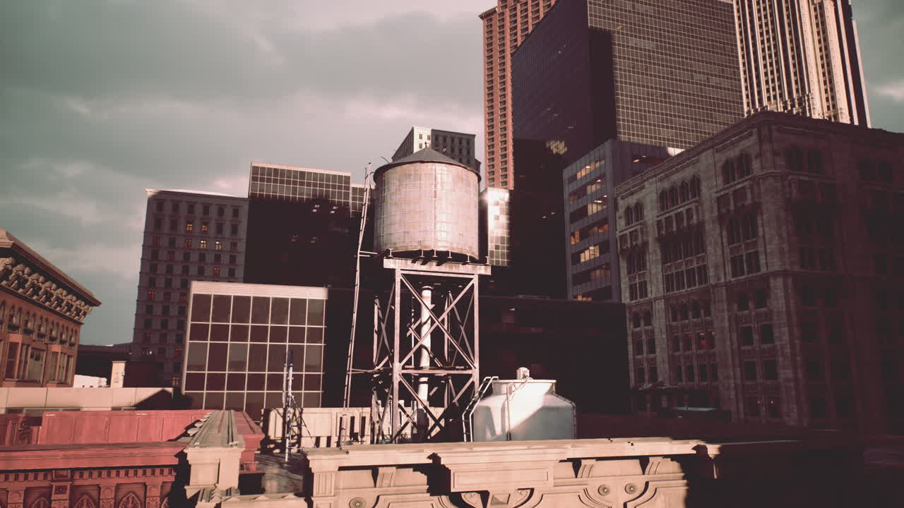 물탑 을 가진 도시 풍경