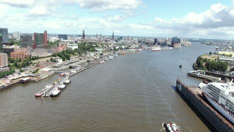 River-Elbe-Hamburg,-skyline,-landmarks,-transportation