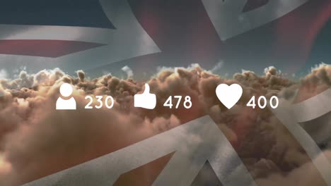 animation of social media icons with numbers over clouds with flag of united kingdom