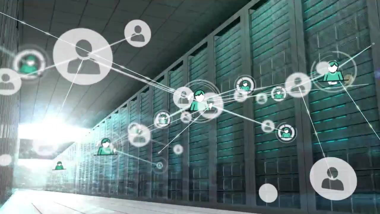Animation of connected icons, lens flare, numbers and map against server room