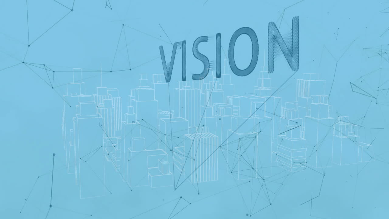 animación de texto de visión sobre paisaje urbano abstracto con líneas de conexión