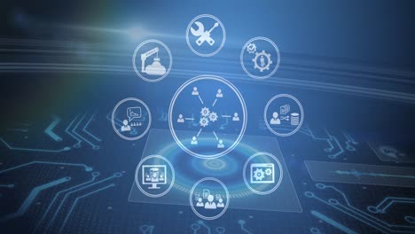 Animation-of-network-of-digital-icons-over-computer-circuit-board