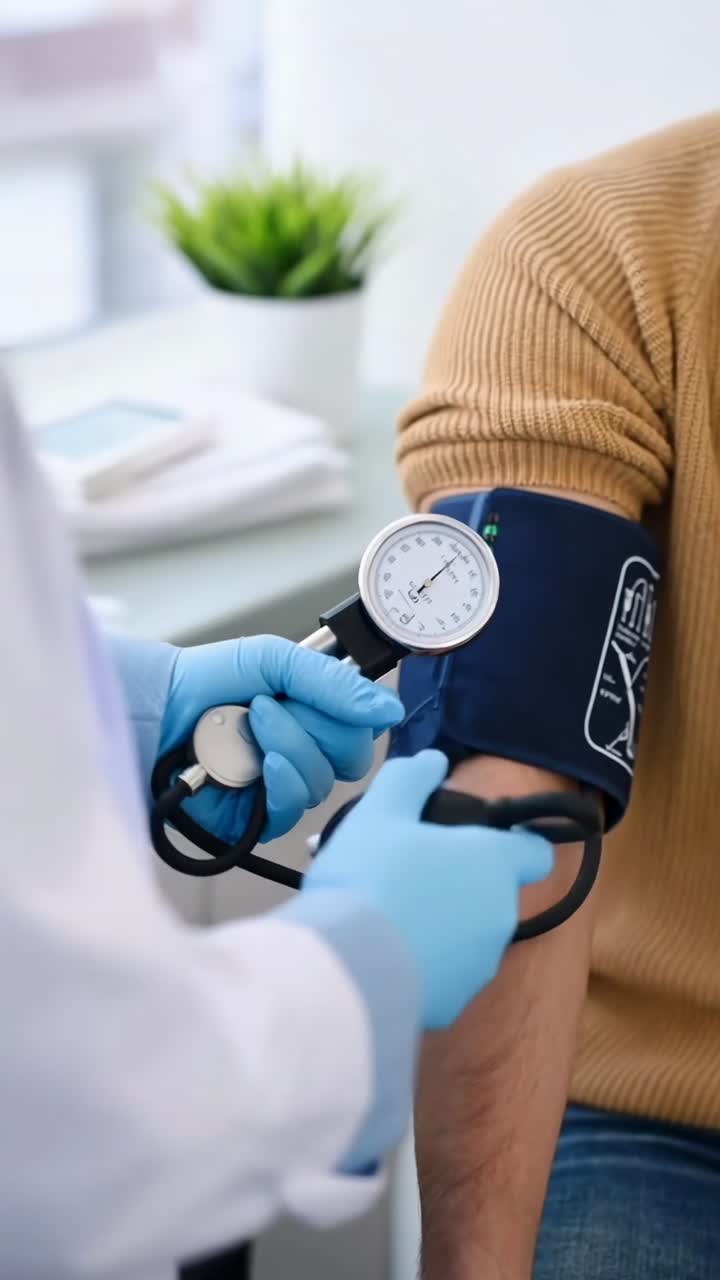Angolazione video ravvicinata di un medico che controlla la pressione sanguigna, enfatizzando cura e precisione.