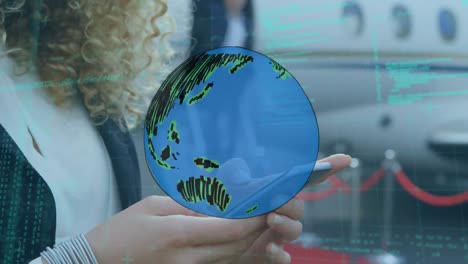 animación del globo y procesamiento de datos sobre la mujer usando teléfono inteligente