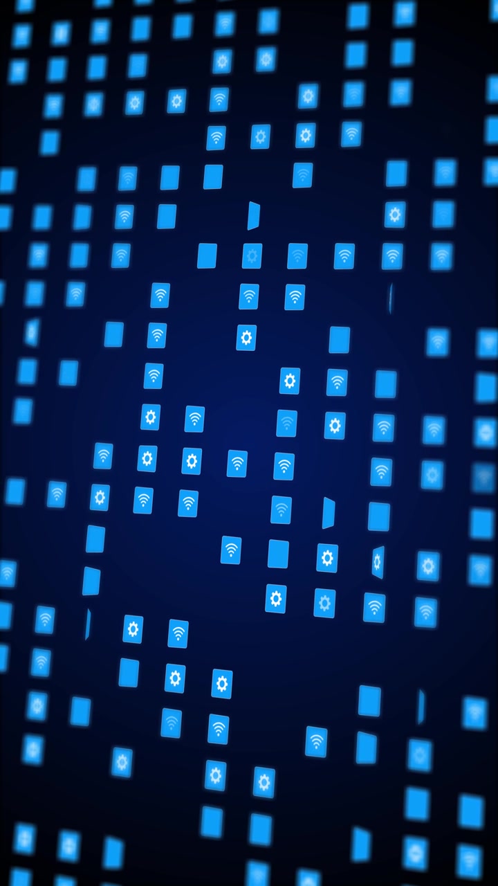 Digital wireless icon matrix scene floating blue squares glowing gear symbols dark tech space app