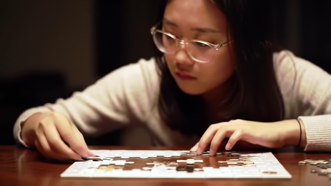Focused on the Challenge: A Young Individual Diligently Assembles a Complex Puzzle on a Table, Showcasing Precision and Patience in Each Piece Placed