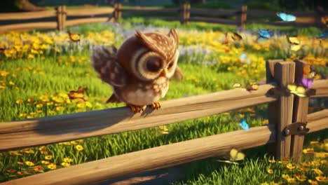 a charming animated owl perched on a wooden fence in a vibrant meadow, surrounded by colorful butterflies and blooming flowers, illustrating the beauty of nature.