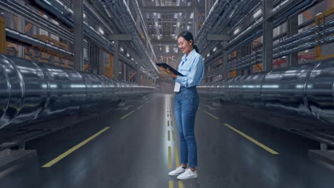 Full Body Side View Of An Asian Female Professional Worker Standing With Her Tablet In a In Big Warehouse Filled With Metal Pipes, Working Continuously With Her Tablet