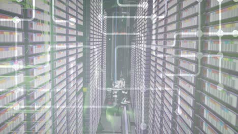 animation of motherboard circuit over computer server room