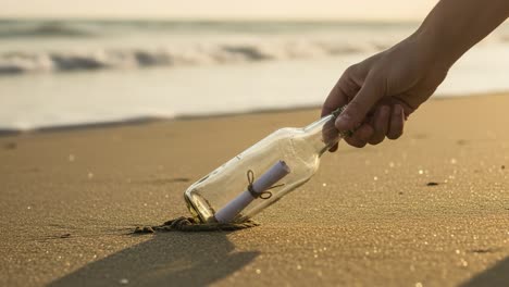 a hand retrieves a message in a bottle from the sandy shore, symbolizing hope and discovery in a seaside landscape at sunset