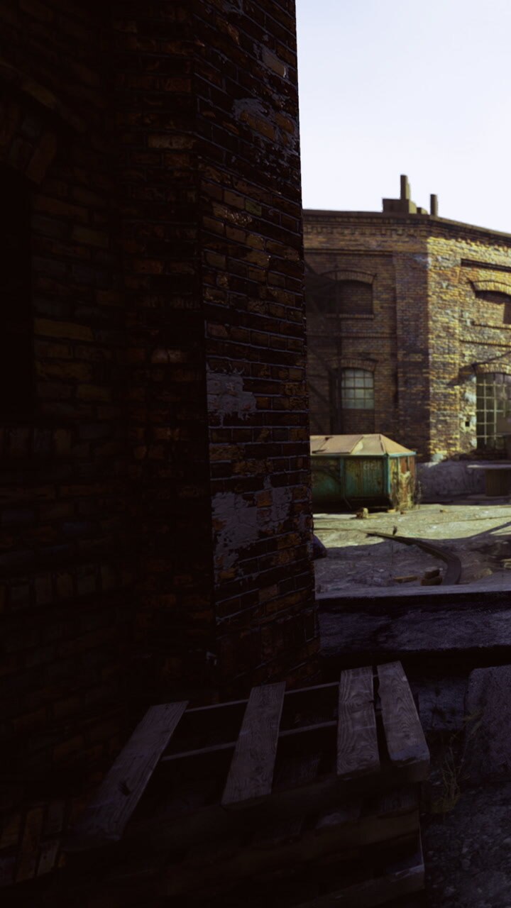 Sunlight dances on the weathered bricks of a forgotten industrial space