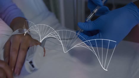 Animation-Eines-Arztes,-Der-Einen-Patienten-über-Einen-DNA-Strang-Impft