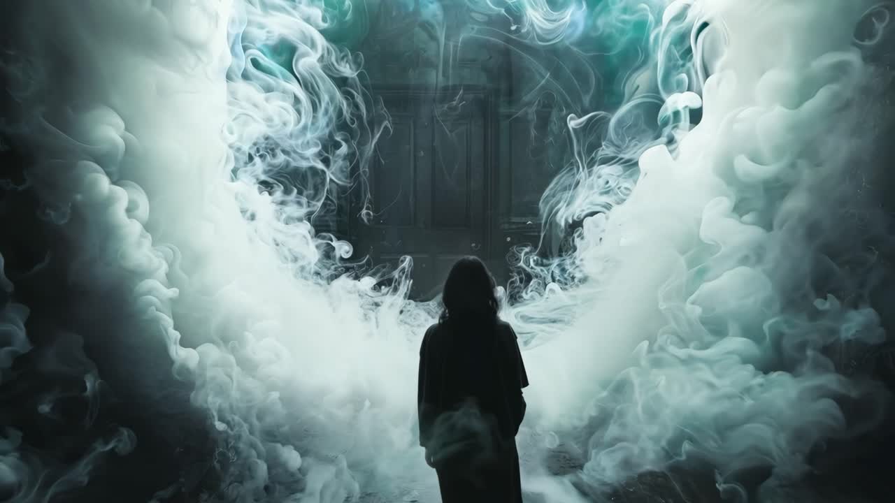 A woman is standing in front of a large smoke filled circle. The smoke is thick and dark, creating a mysterious and eerie atmosphere. The woman is looking into the circle
