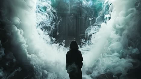 A woman is standing in front of a large smoke filled circle. The smoke is thick and dark, creating a mysterious and eerie atmosphere. The woman is looking into the circle