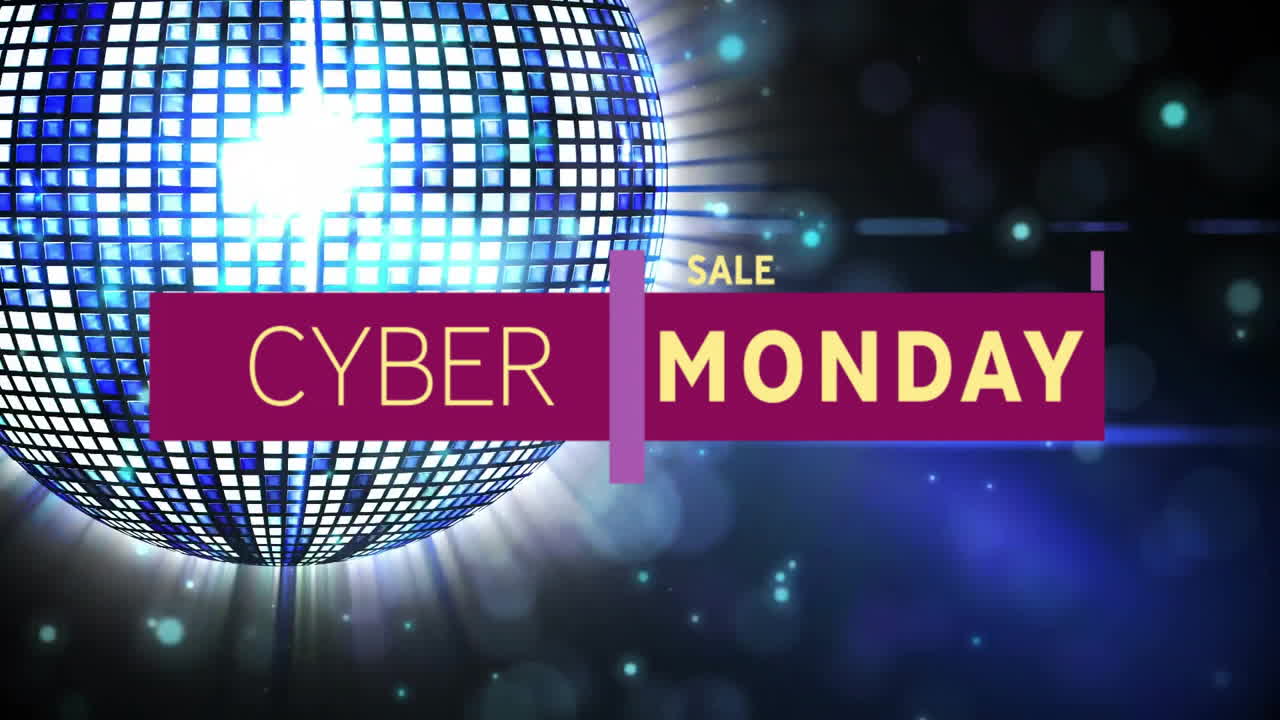 Cyber Monday sale text animation over glowing disco ball background