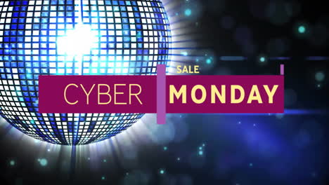 cyber monday sale text animation over glowing disco ball background