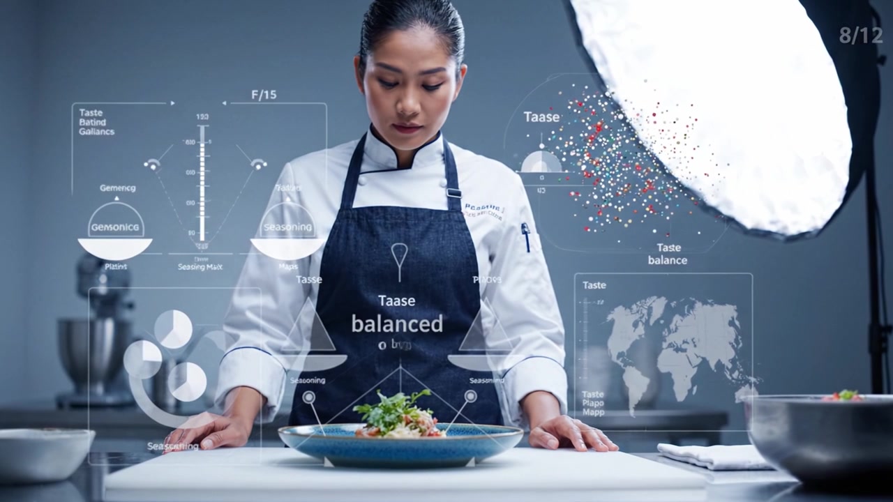 Uno chef professionista che prepara cucina gourmet con precisione e tecnologia, mostrando una presentazione artistica e tecniche di cottura innovative in un ambiente di cucina moderna.