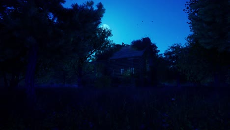 una vieja cabaña de madera dentro de un denso bosque en el desierto, con mariposas, noche con luna brillante, cámara de animación 3d zoom en