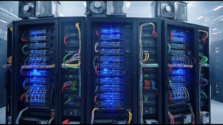 Modern Server Room with Rows of Glowing Data Racks