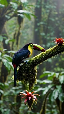 colorful toucan perched on a mossy branch in a lush rainforest