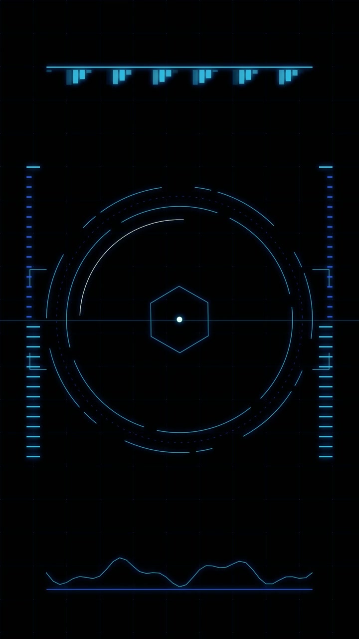 Futuristic Digital HUD Interface with Rotating Hexagon and Data Graphs